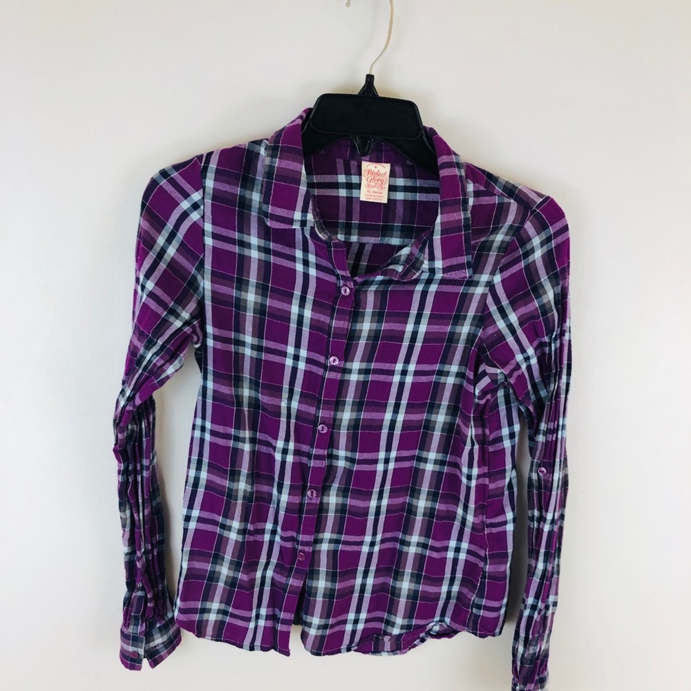 Faded Glory Purple & Blue Plaid Long Sleeve Shirt